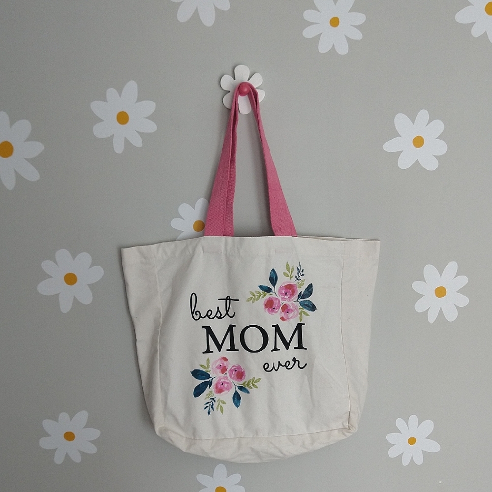 Best Mom Ever Floral Graphic Large Cotton Tote Bag White Pink Blue Mother's Day